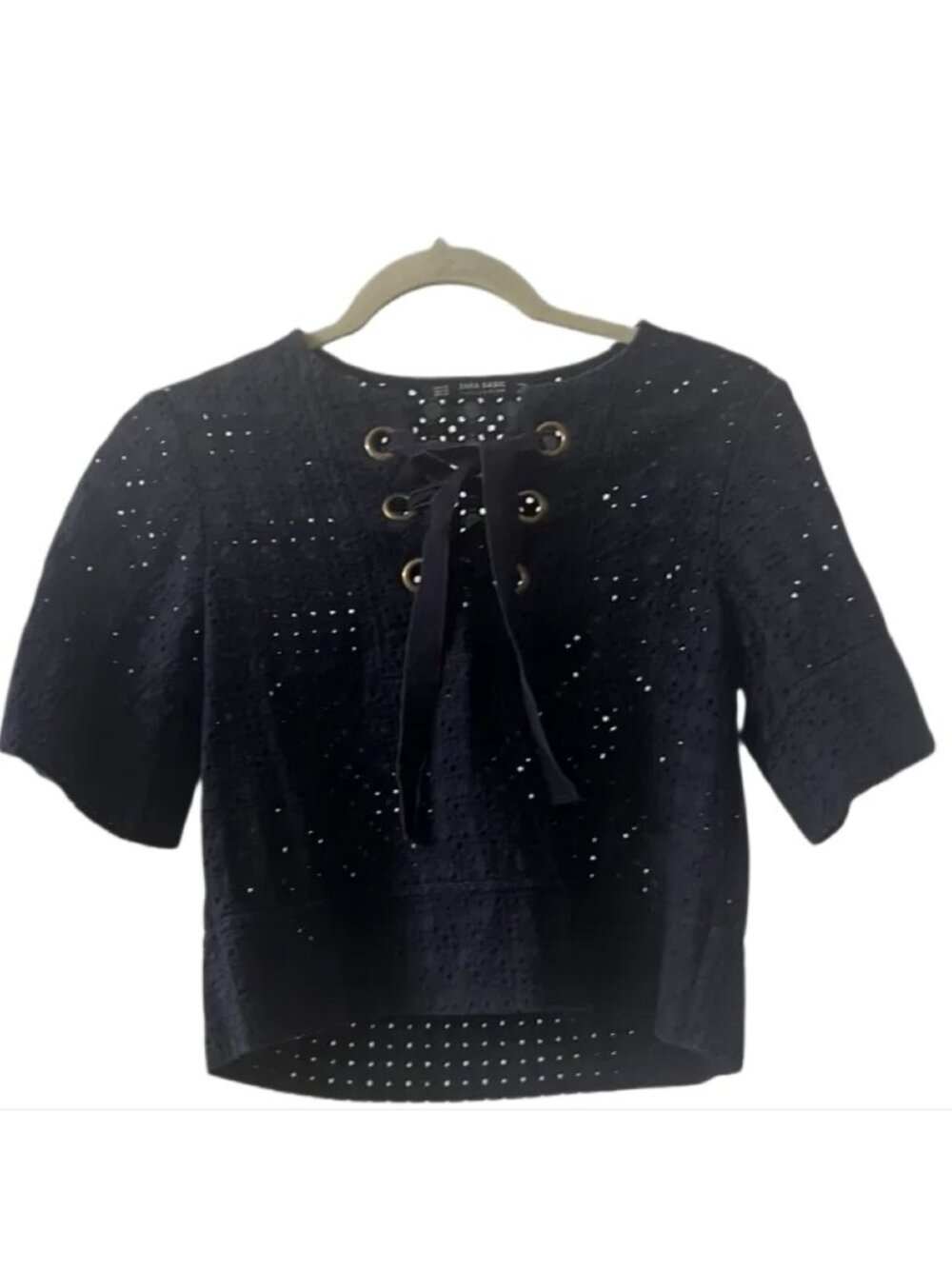 ZARA Navy Eyelet Lace Up Top XS